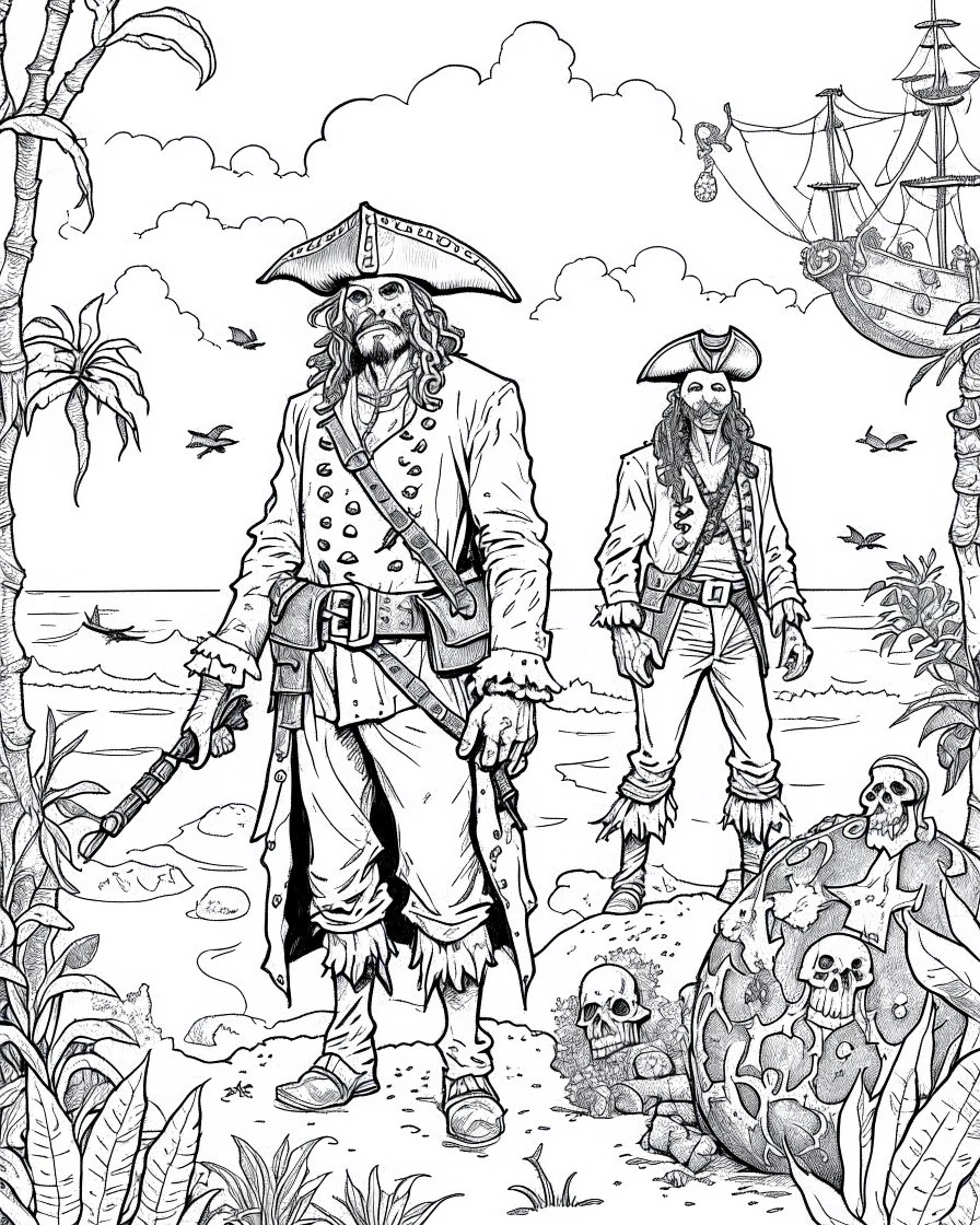 Pirates of the Caribbean: Ghostly Pirates Coloring Adventure: Design a spine-chilling coloring page inspired by the Pirates of the Caribbean movie, showcasing ghostly pirates haunting a deserted island. Let young artists explore their imagination as they add eerie details to the tattered clothing, glowing eyes, and ghostly apparitions. This coloring page provides a thrilling and chilling experience for kids to bring the haunting scene to life in black and white.