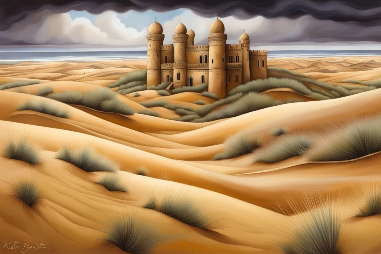 a hidden palace in undulating sand dunes, storm clouds, by artist "Kate Lycett"