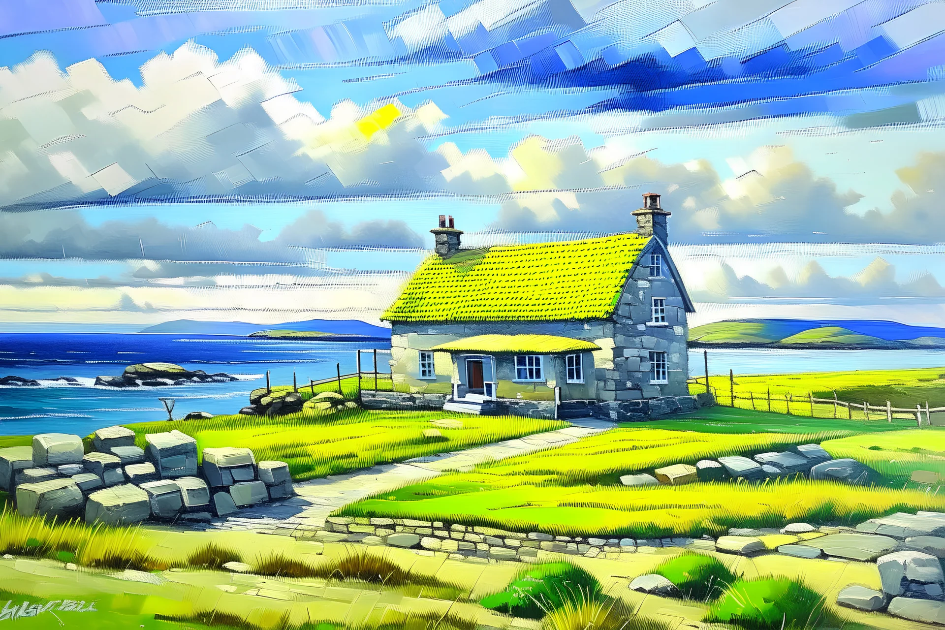 A traditional stone house on the outskirts of Sandness on Shetland, high on a cliff, beautiful views on the countryside and the ocean, oil on canvas, professional award winning masterpiece