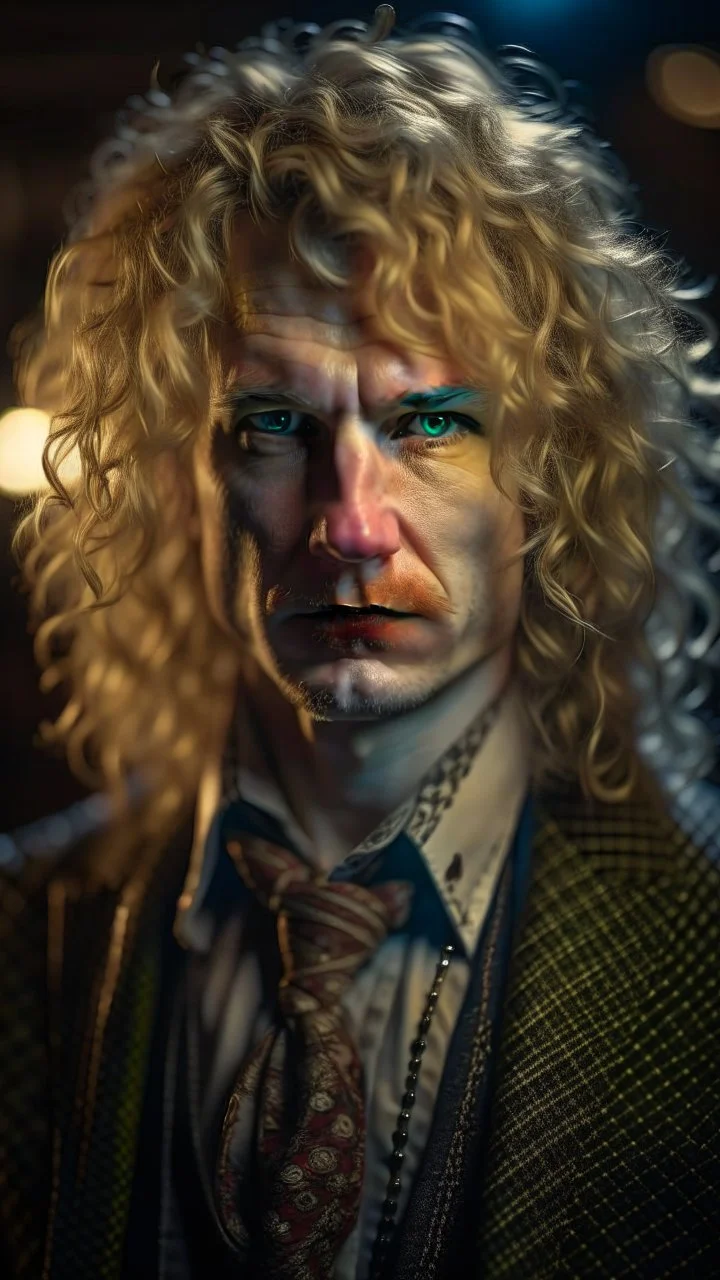 curly blonde glam rocker from the 80s hair wearing a tie and face like a dino, shot on Hasselblad h6d-400c, zeiss prime lens, bokeh like f/0.8, tilt-shift lens 8k, high detail, smooth render, down-light, unreal engine, prize winning