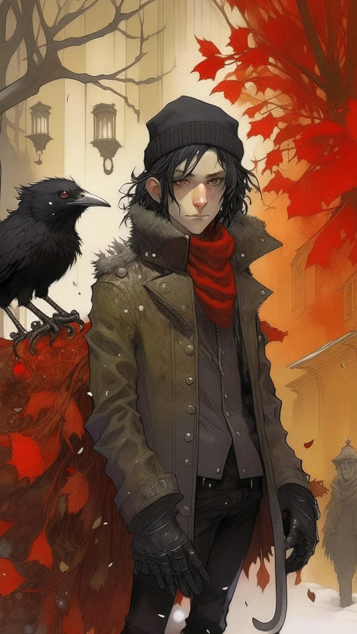 An illustration by Monet and Miyazaki of a human-like raven with a punk leather jacket within a Christmas atmosphere.