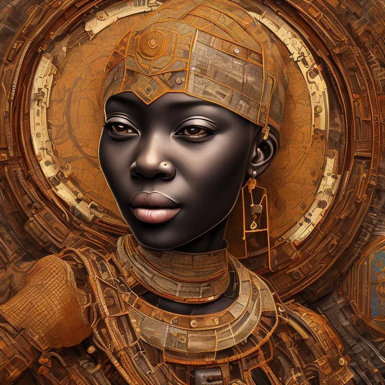 african portrait in rusted clocks, rust, scaffolding, perfect face, high detail