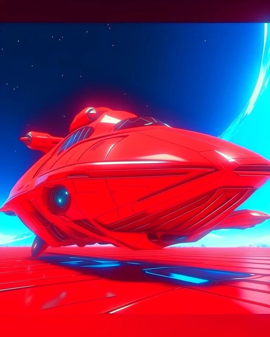 low view angle shot down from upper left front and showing the full vehicle, a RETROFUTURISTIC HOVERING CRAFT OF ALIEN ORIGIN, a beautiful look up modern is decorated with red abstract SKYLINE, all red background, , vray, raytracing