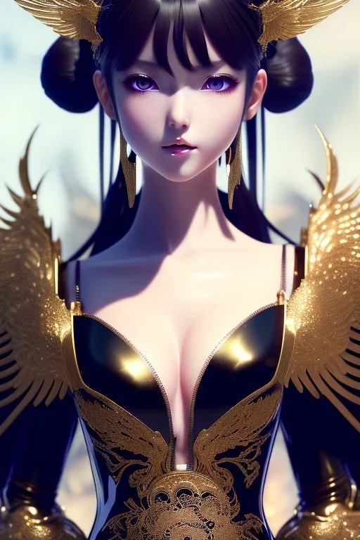 Detailed cute anime Kunoichi girl with wings, hair buns, bangs, black latex bodysuit, intricate details, full body portrait, keep head in frame, slight smile, black Japanese motif, concept art, highly detailed, digital painting, concept art, sharp focus, illustration, art by Yoji Shinkawa, WLOP and greg rutkowski and alphonse mucha and artgerm and yanjun Chen and Junji ito and Makoto Shinkai, HDR, octane render