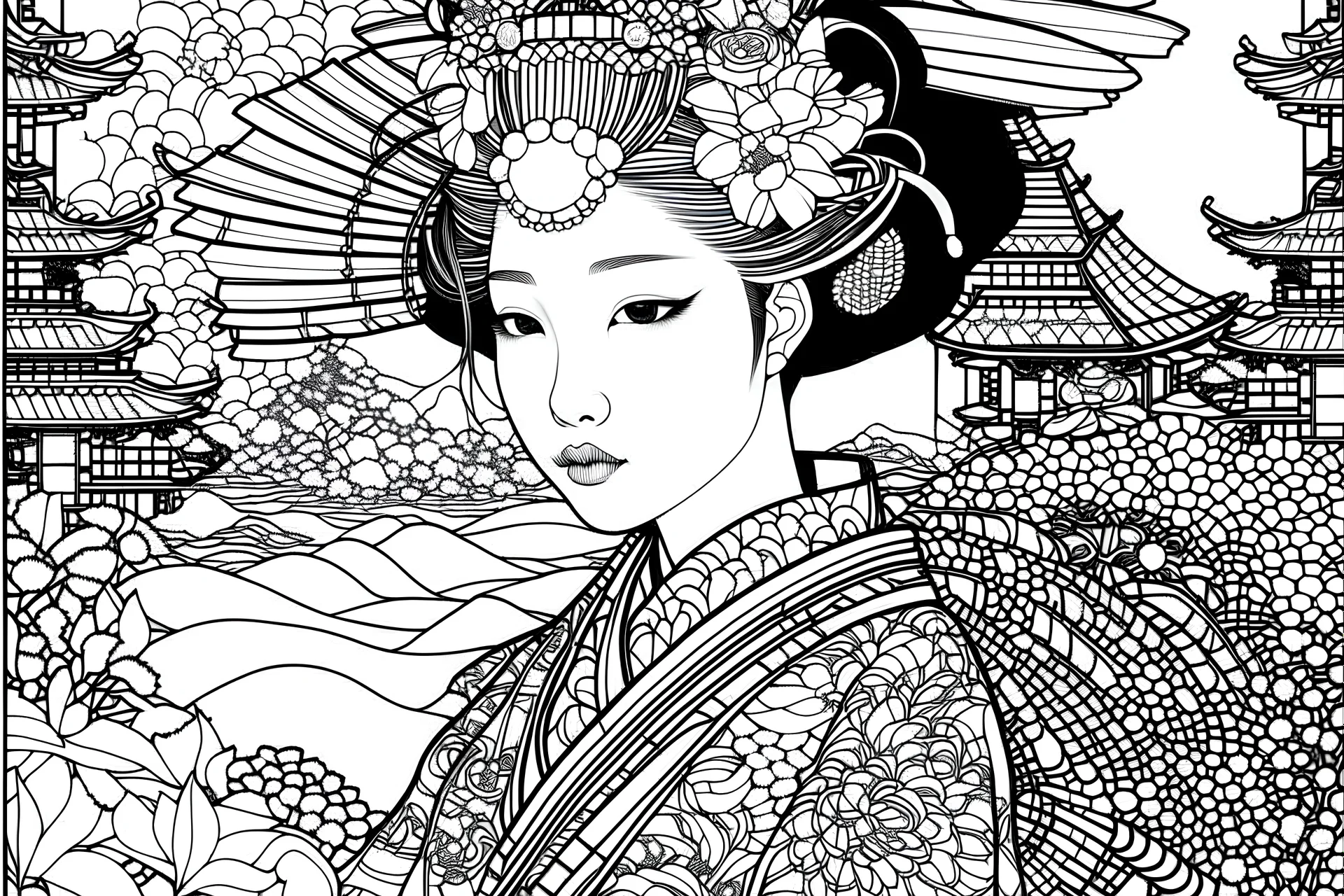 Visualize a black & white Japanese-themed art coloring book with thick contours & lines, all fitting within an 11x8.5 inch space. Geisha with a cyberpunk twist, adorned with futuristic accessories. Each image is intricately detailed, with bold & thick lines to make coloring a delightful experience, creating a dynamic fusion of Japanese-themed art coloring book.