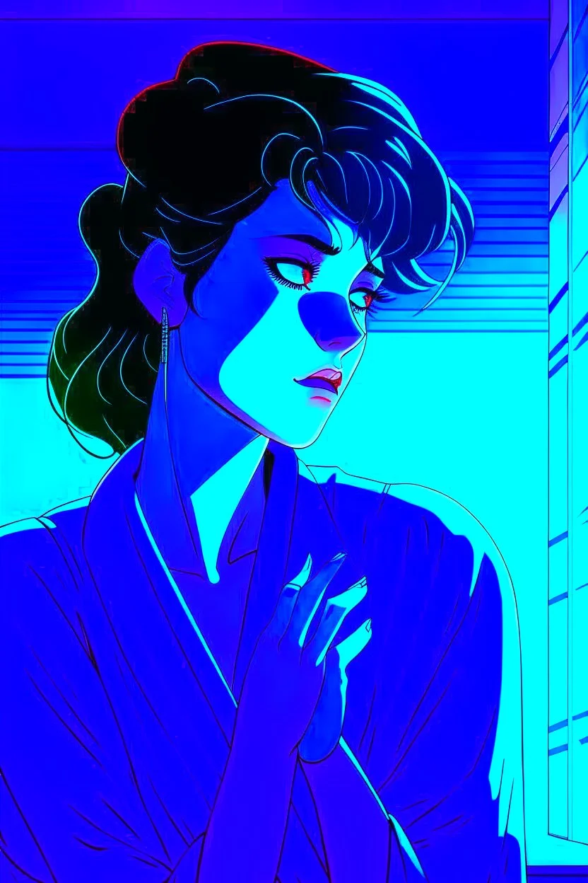 Create an intense, evocative portrait in the Japanese retro anime style of the 80s and 90s. The scene features a male bathed in deep blue light, leaning against a wall with her arms raised, eyes closed in a moment of raw emotion. Her attire is minimal, accentuating the curves of her body and the dramatic shadows cast by the lighting. The background is stark, with sharp contrasts highlighting the contours of her form. The blue and black palette intensifies the mood, evoking a sense of mystery a