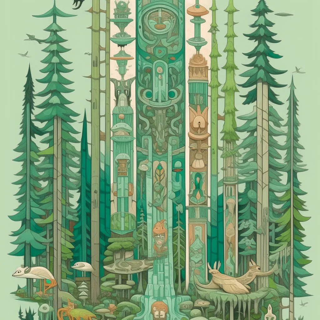 A mint colored animal kingdom in a forest designed in pacific Northwest totem poles painted by Giovanni Battista Sassi