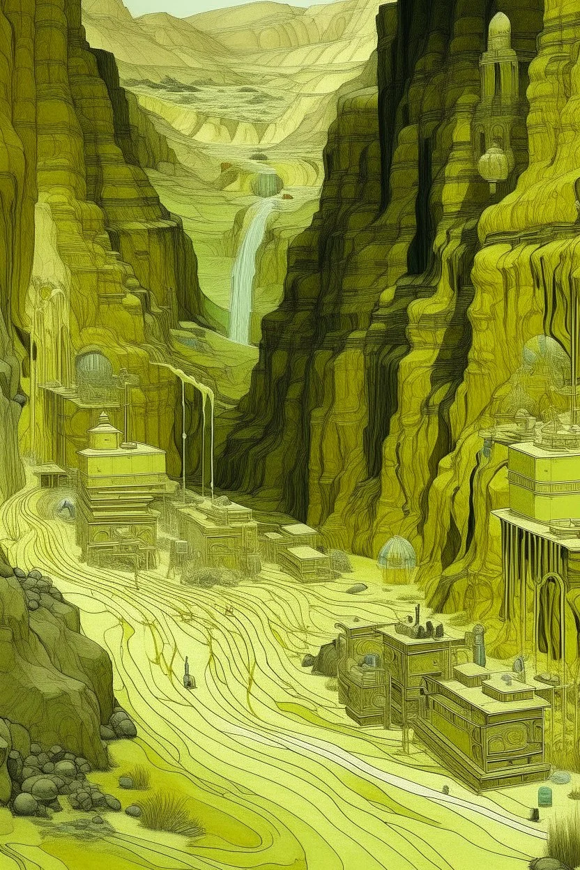 A pale greenish yellow canyon with batteries and high voltage grounds designed in ancient Egyptian hieroglyphics painted by Gustav Klimt