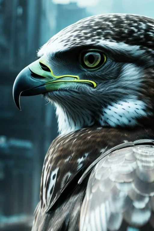 portrait,beautiful hawk robot, post-apocalyptic in a cyberpunk city, realistic, intriacte detail, sci-fi fantasy style, volumetric lighting, particales,highly detailed,cinamatic, deep