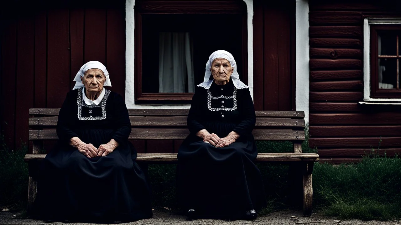 gloomy-looking old women sitting in black hungarian villager dress and wearing east european black head scharf on wooden bench in front of white old house outside in an authentic east european ,hungarian village, high detalied, professional photo, high qualit, high textures. The high-resolution image captures the essence of authenticity and realism, transporting the viewer to another time and place.