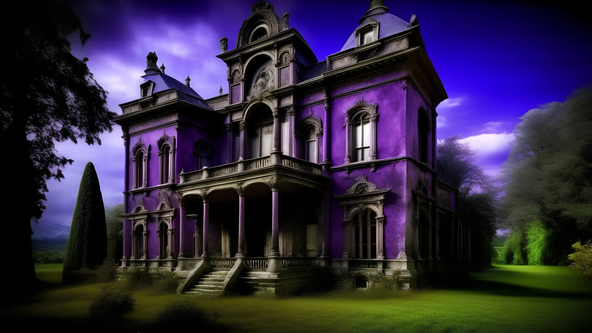 A purple mansion filled with spirits painted by Leonardo da Vinci