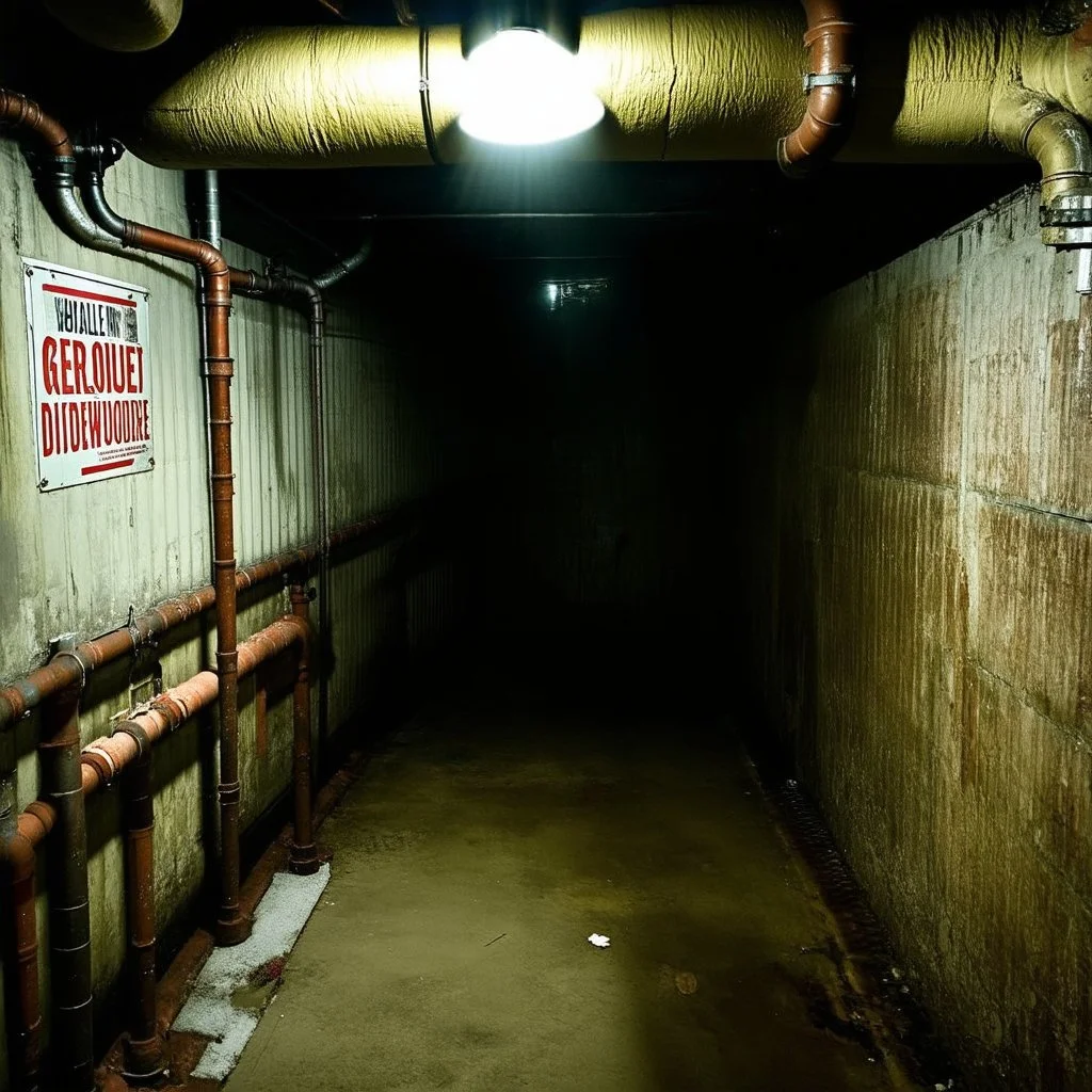 Unsettling room, cellar basement, pipes, signs, empty, an obscene presence, liminalcore, distressful, anguish, painful, horror movie, liquid, bad photography