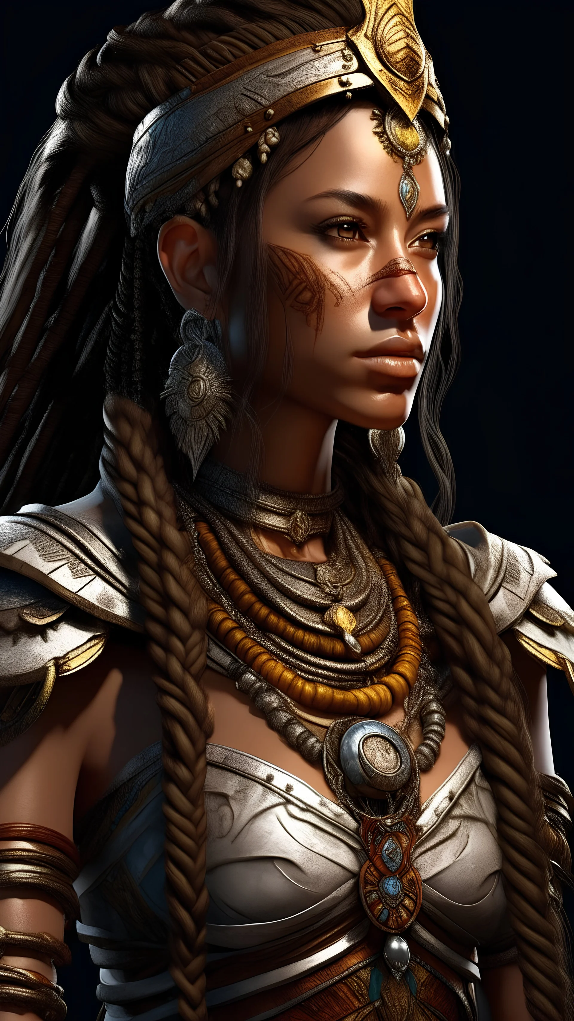 female kalashtar from dungeons and dragons, barbarian class from dungeons and dragons, long and dark hair bound in intricate braids, bronze skin, amber eyes flecked with silver, armor adorned with trophies and tokens such as furs, bones, feathers, and intricate tattoos, realistic, digital art, high resolution, strong lighting