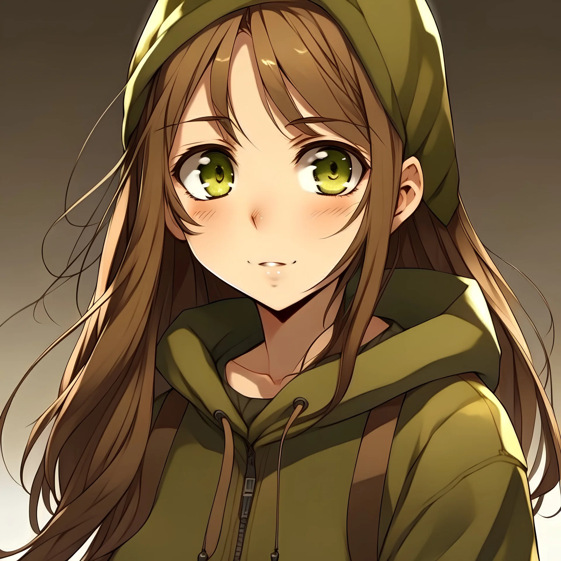 Teenage girl, anime style, golden eyes, long brown hair, braided pigtails, innocent looking, green army hoodie,