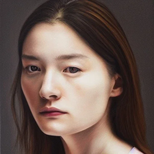  100 % modern conceptual art ,hyper realistic fine art portrait oil painting by Fumi Koike and Jen Mann and Kris Knight of a very beautiful 20 year old woman , front view centered symmetrical composed and cinematic side lighting, hyper-realistic chiracsuro detailed shading and shadows, precise brushstrokes and subtle blended variations in skin color temperature, perfectly proportioned symmetrical facial features, hyper detailed dark eyes with dark circles, cgsociety, trending artforum, octane re