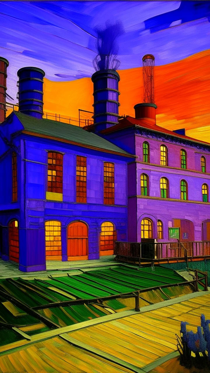A purple factory with a library painted by Vincent van Gogh