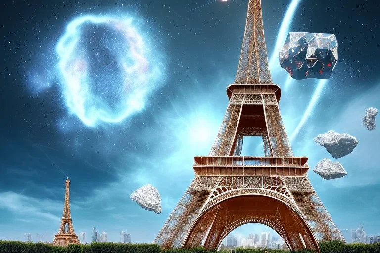 Eiffel tower made from diamonds . nebula in sky . flying cars passing by.