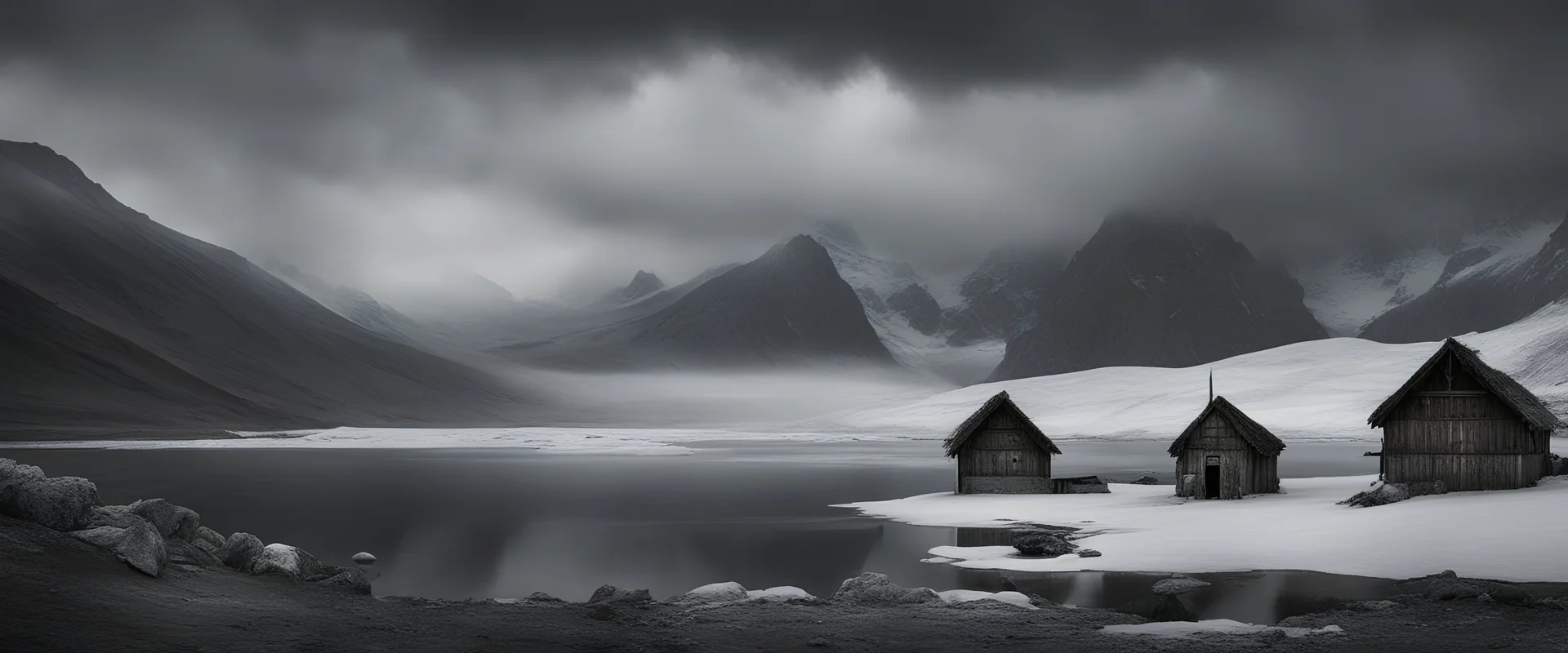 Photoreal menacing landscape photo of a medieval polar village and dark ice lake and darker clouds gathering over high mountains in the background with a demonic presence hovereing above, forgotten realms fantasy style by lee jeffries, otherworldly creature, in the style of fantasy movies, photorealistic, shot on Hasselblad h6d-400c, zeiss prime lens, bokeh like f/0.8, tilt-shift lens 8k, high detail, smooth render, unreal engine 5, cinema 4d, HDR, dust effect, vivid colors
