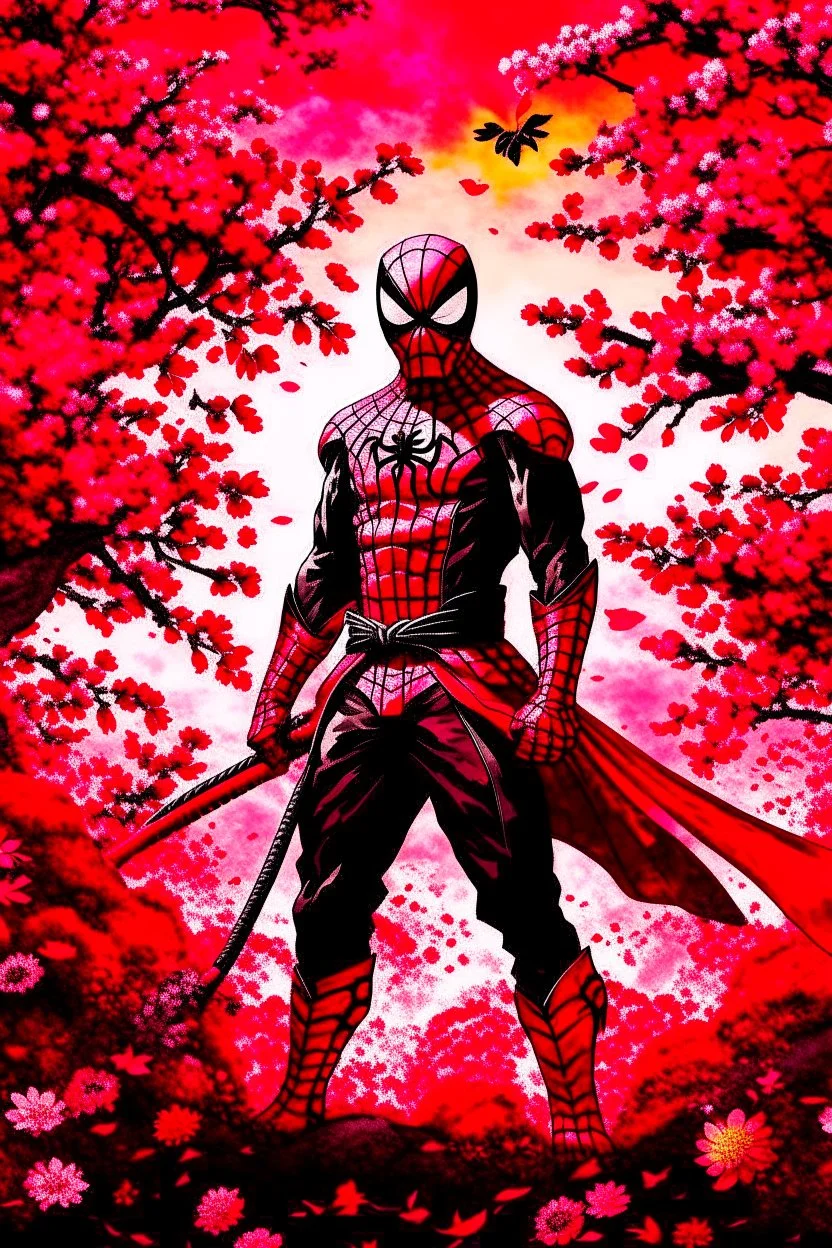 Spider-Man in black and red kimono background the pink Sakura tree