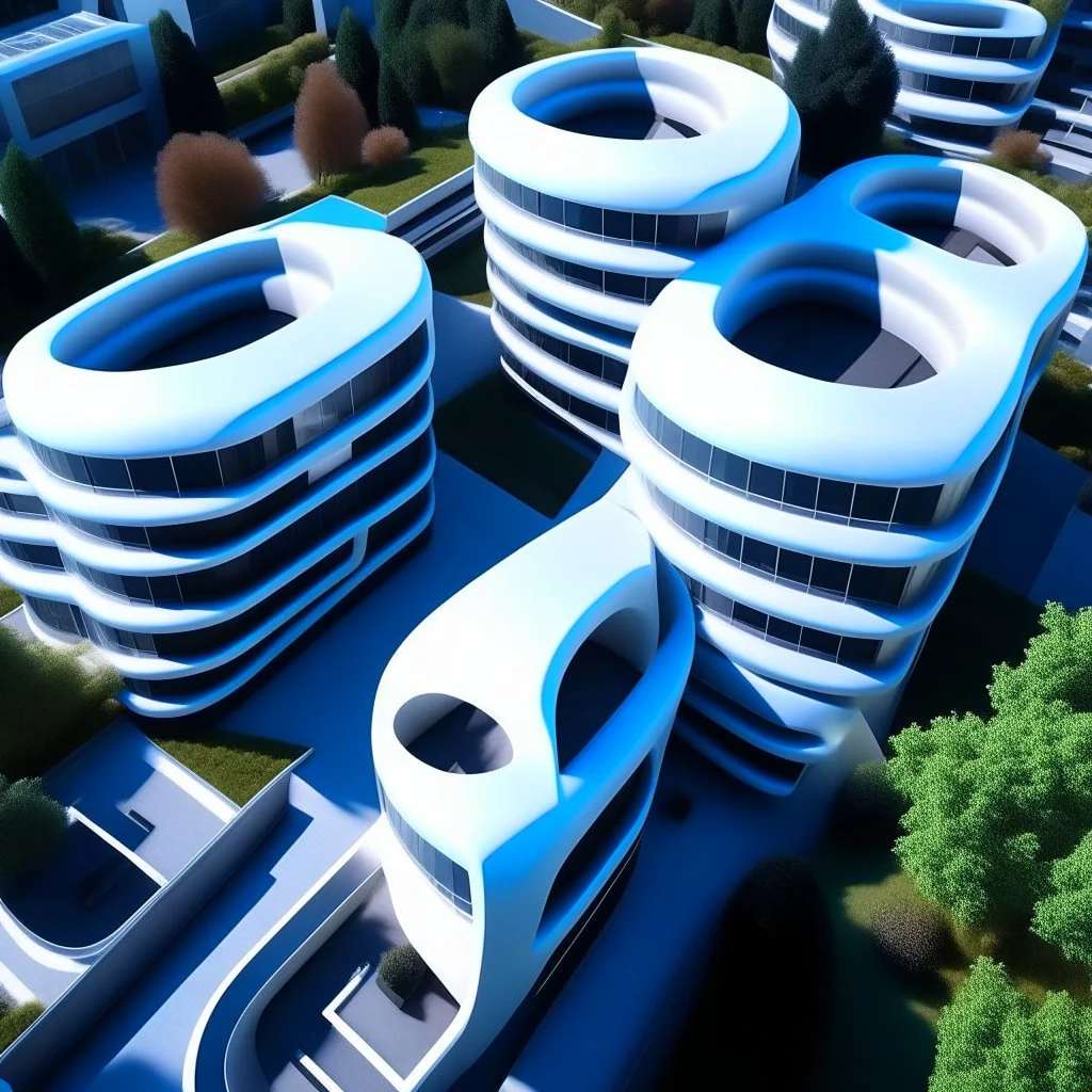 Residential complex of cabins, Zaha Hadid style, aerial view, ultra quality, hyper-detailed, digital art, 8k 3D, trees, parking lots