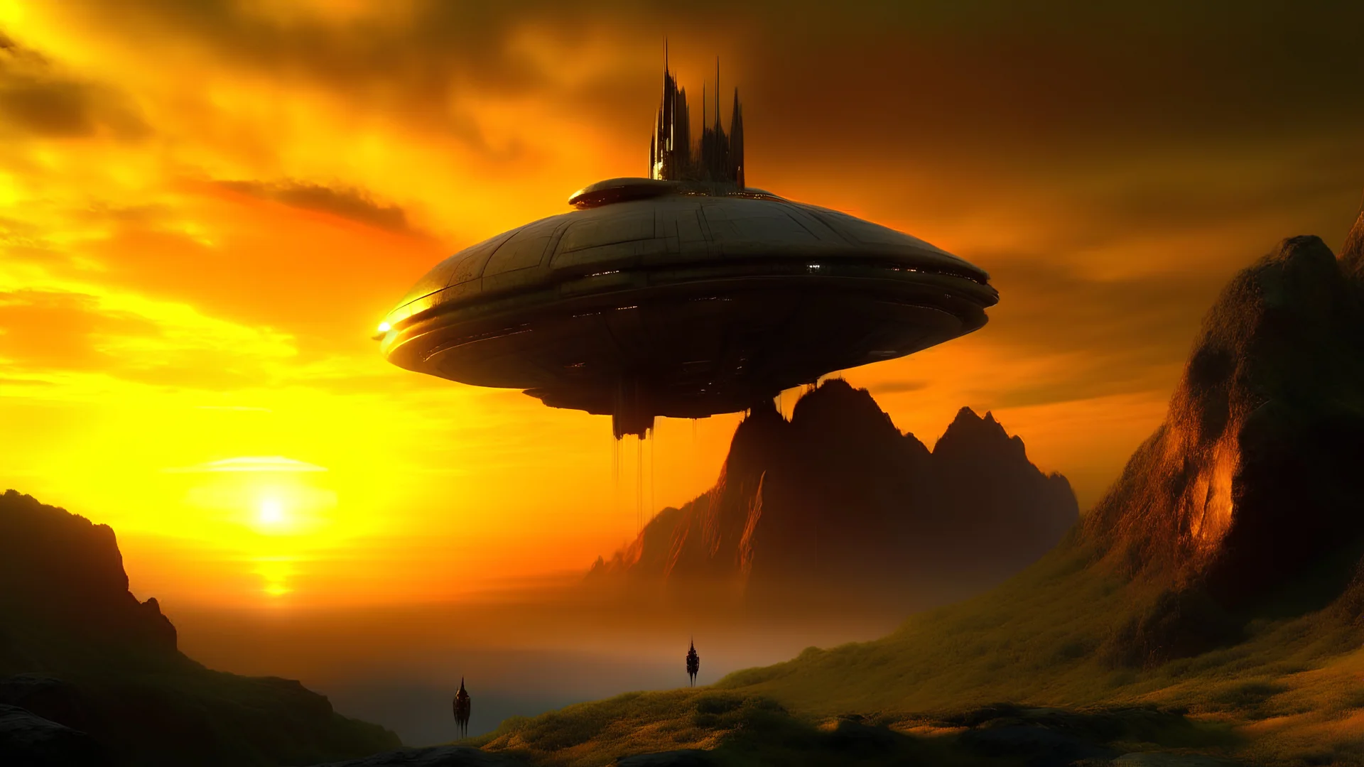 A large, rocky, alien-like structure in the foreground against a dramatic orange and yellow sky. In the background, a futuristic spacecraft hovers above the landscape