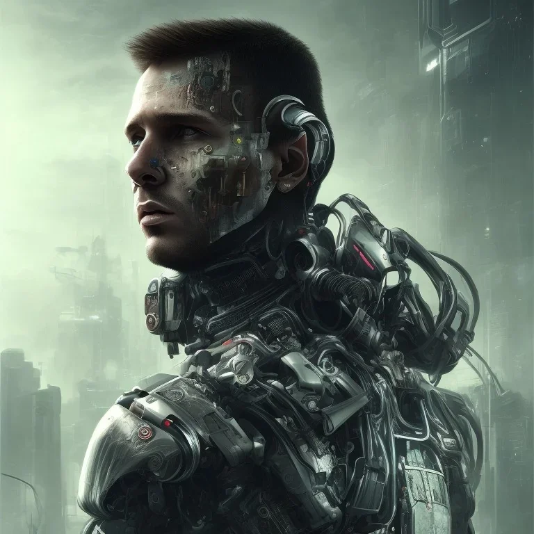 portrait post-apocalypse perfect face lionel messi cyborgs in a cyberpunk city, sci-fi fantasy style, 8k,dark