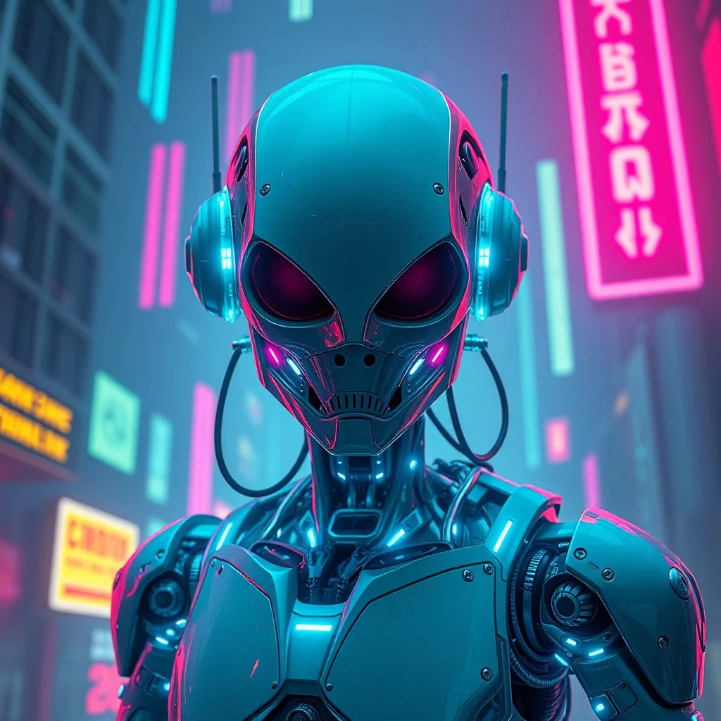 robot, dystopia, cyberpunk aesthetic, alien, neon