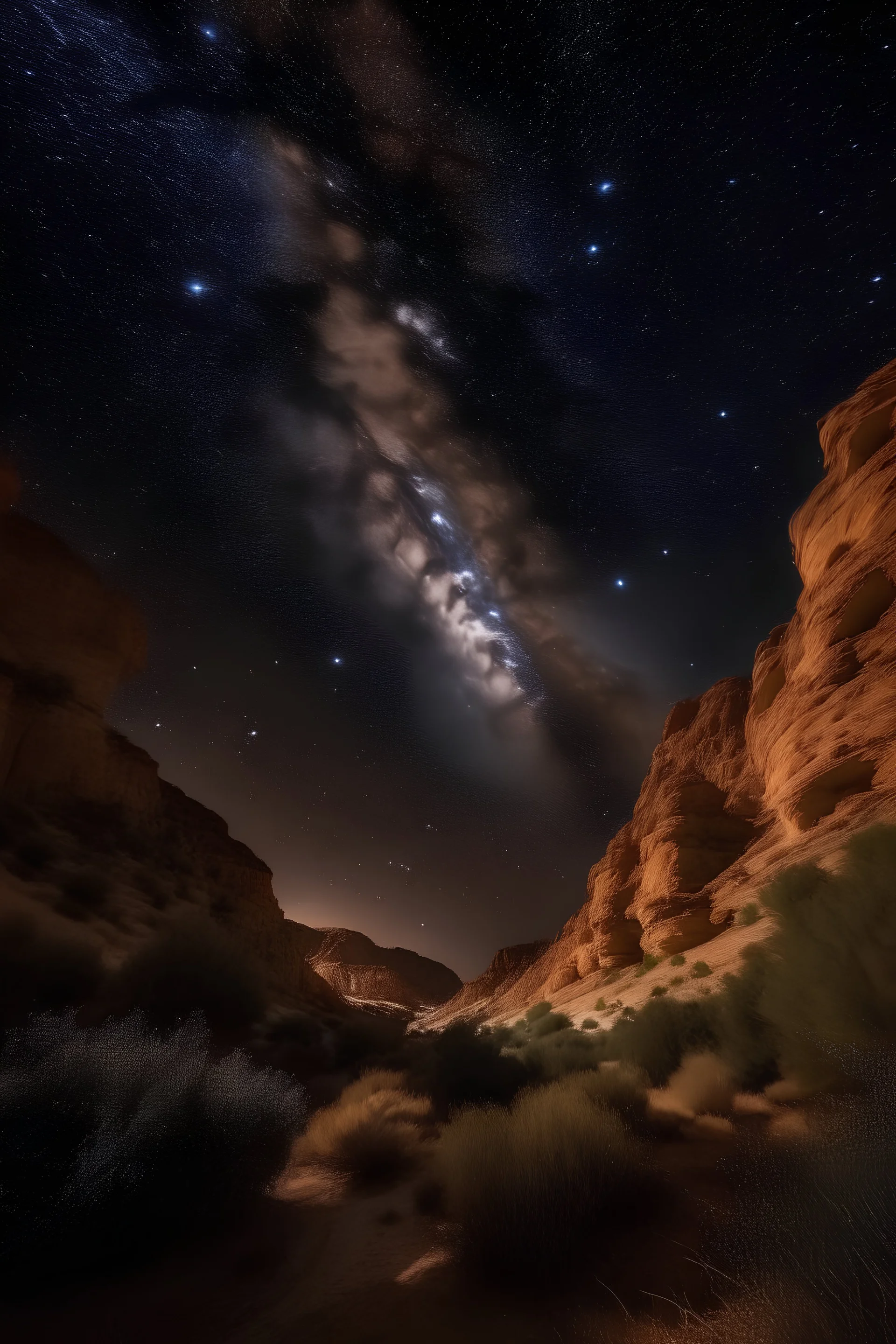 A night sky filled with stars in a brown canyon