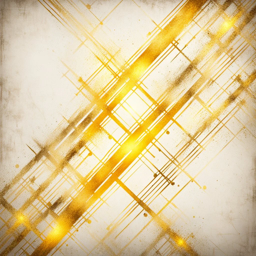 Hyper Realistic Yellow & Beige Intersecting Lines With Glowing Golden Embers On Off-White Grungy Background.