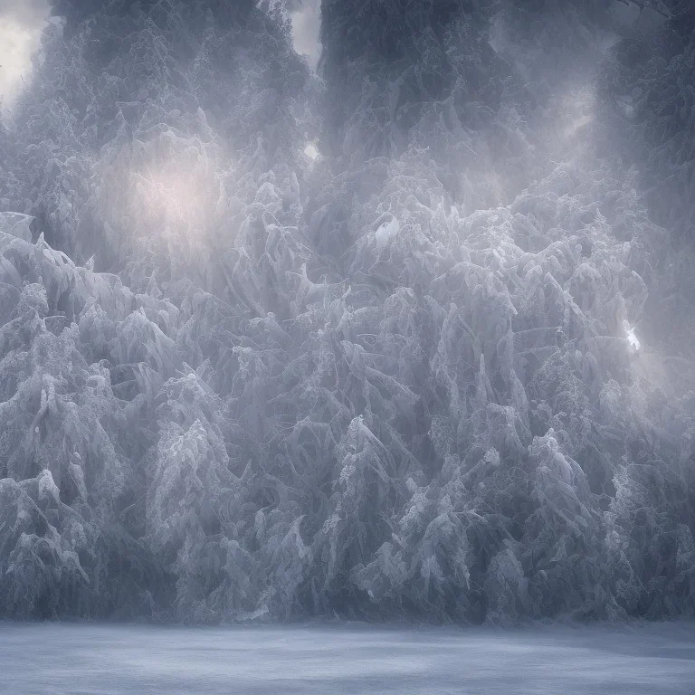 winter landscape, ice field, crystals, dreamlike, foggy, lost