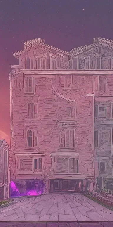 Snoop dogg. a chair. pink houses, pink sky, pink smoke, trees