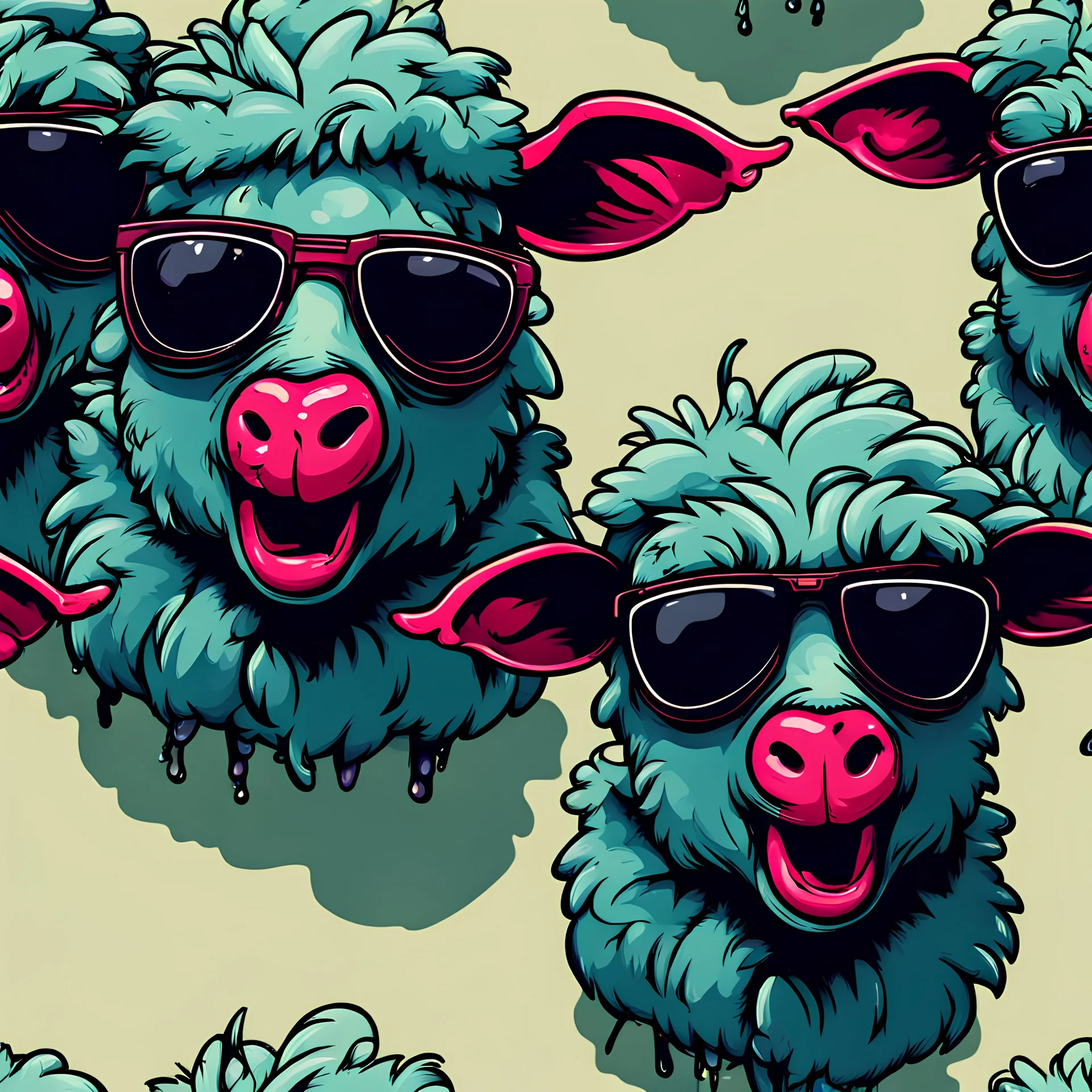 zombie black sheep heads wearing sunglasses biting each other, cartoon style, street art style