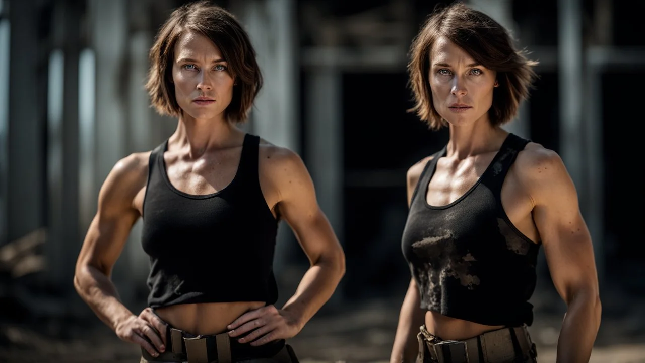 beautiful slender caucasian female technician, black tank top, well toned muscles, weathered face, scratched sand camo metal details, short brunette wavy bob haircut, dystopian, desert scene, bloody wounds, explosions in background, wounded by gunfire