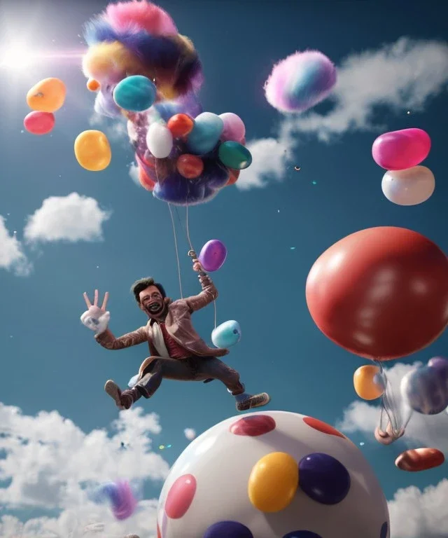 Ultra realistic speed clouds sky scene, wide angle view, strong men falling down with many Childs background, circus dress style, feather color, free jumping flying, many trinkets, hair monster, many jelly beans, balls, color smoke, smile, happy, extreme, wind, clouds sea, 20,000 feet altitude, stratosphere, soft color, highly detailed, unreal engine 5, ray tracing, RTX, lumen lighting, ultra detail, volumetric lighting, 3d, finely drawn, high definition, high resolution.