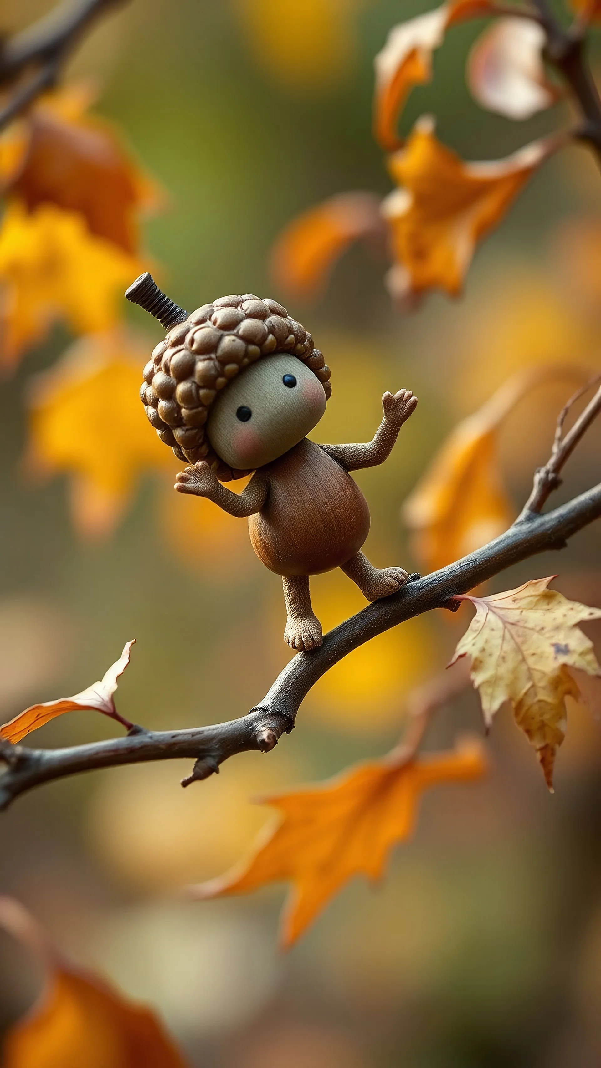 A tiny figure built from intricate acorn caps, balancing playfully on a twisted vine, surrounded by a swirl of autumn leaves caught in a gentle breeze.