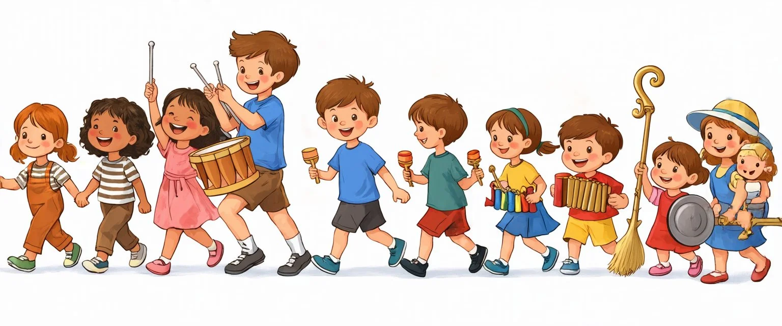 children joyfully marching in a band. Digital painting illustration