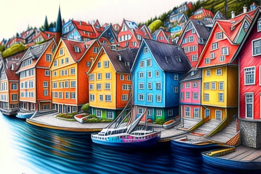 Colored pencil drawing, Very detailed, Drawing of the colorfull houses in the city Bergen in Norway. Colorfull, professional, detailed, pencil strokes, calm composition, zoom out, very detailed and realistic