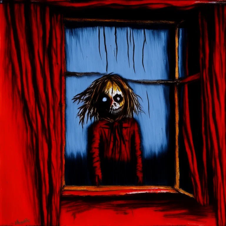 kid's drawing of a scarecrow looking in his window, dramatic, horror, by Jonathan Meese, 2D oil painting, red hues