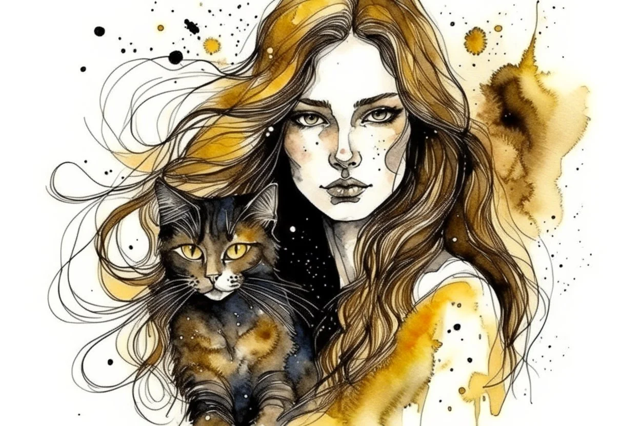 long haired woman with cat, white watercolor and black ink, golden glitters