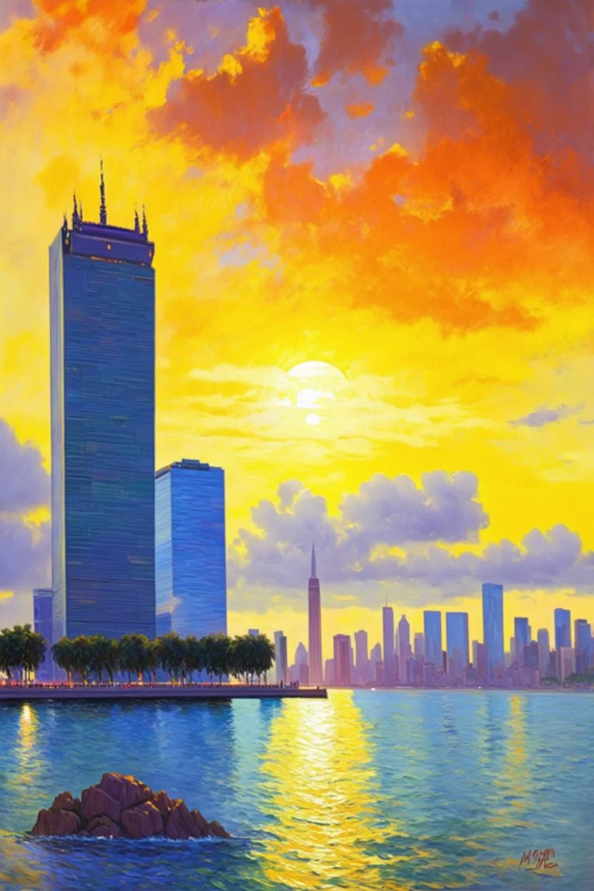 Amazing sunset, buildings, rocks, distant city, trees, cyberpunk, sci-fi, claude monet impressionism paintings
