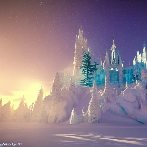 castello di cristallo bianco e oro ， cascata, diamanti, aurora boreale, ice and snow, blue and white, sole liscio e luminoso ， atmosfera di luce soffusa, effetto luce ， vaporwave colorato, concept art, dettaglio liscio ed estremamente nitido, dettaglio finemente regolato, altissima definizione , 8 k, motore irreale 5, messa a fuoco ultra nitida