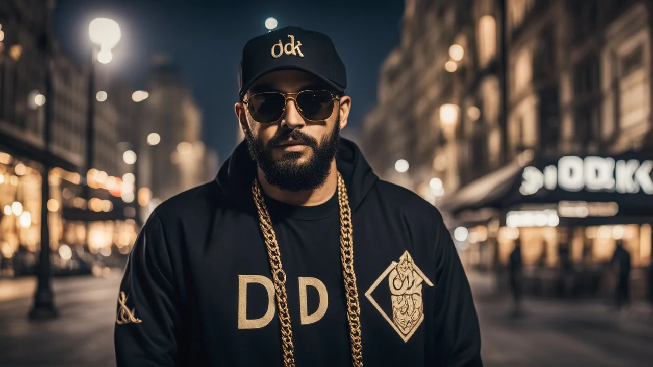 a single man, an Arab from the Middle East, he has a beard, who wears a gold chain, with a t-shirt marked ODK, wears a black baseball jacket with the mark ODK, which bears black sunglasses, with a black baseball cap with the initials branded ODK. at night, in the city center, at night.