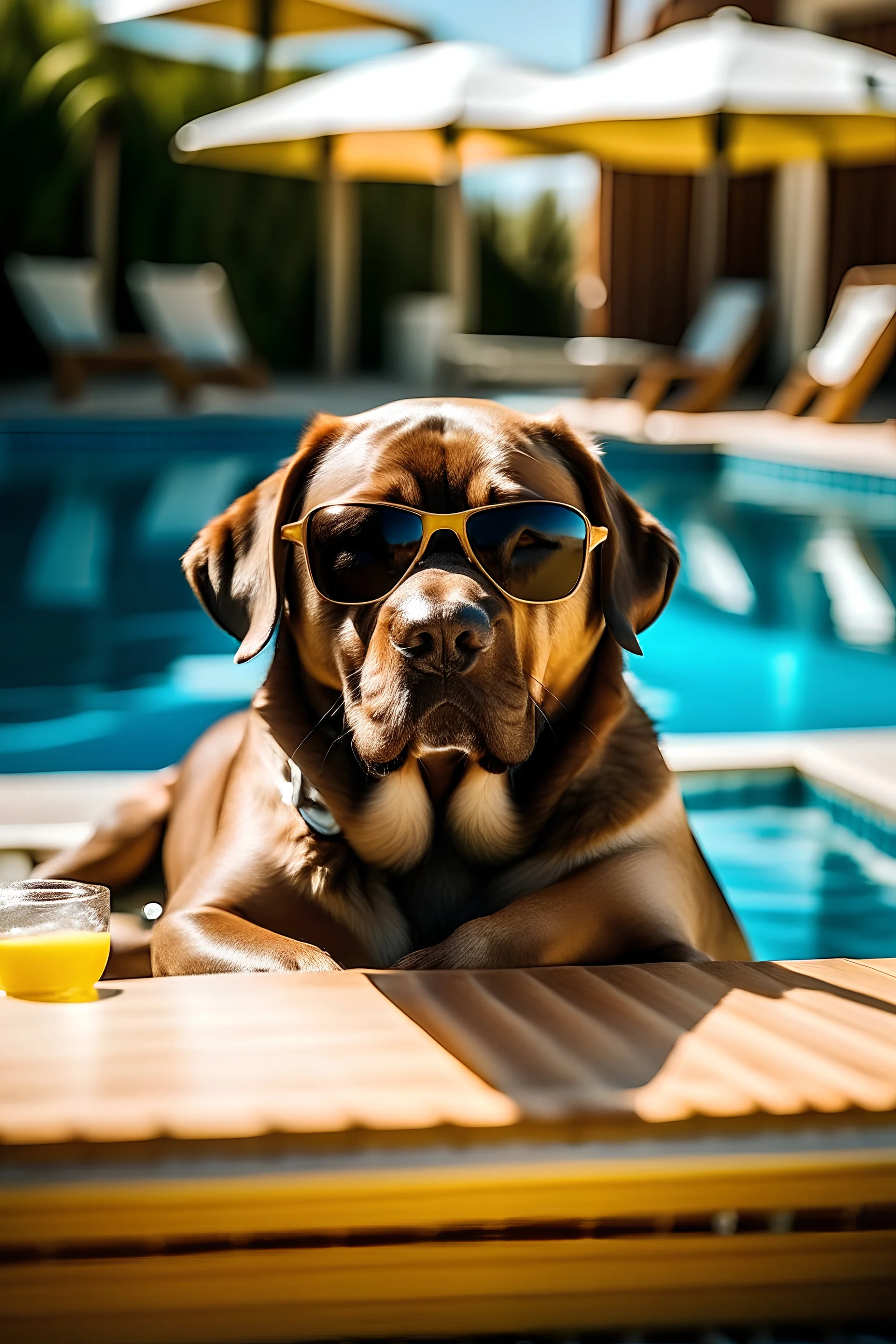 brauner labrador retriver der mit einer Sonnenbrille neben einem pool der mit Gold gefüllt ist auf einem Liegestuhl liegt und eine Limonade trinkt