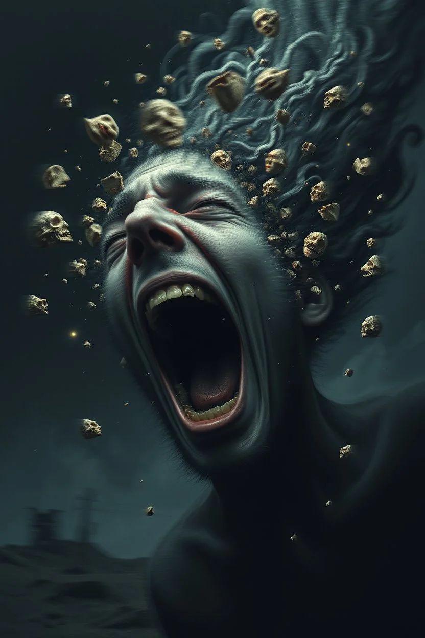 full disintegrating face and head, screaming, blur human face with falling to pieces, pain, loneliness, sad, despair, madness, fear, swirling, surreal dark background, storm, wind, floating of non-figurative weird cepy shapes, the metaverse and inner galaxy expanding, dark hole, resignation, cold, barren world, surreal style by Vincent Lefevre, El Kazovszkij, Anton Semenov, Natalia Drepina , Yoshitaka Amano, dark mode, deep dark colors, thriller