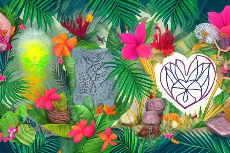  Tropical flowers, heart drawing, crystals, tropical leaves, sacred altar, Fantasy temple, Surreal landscape.