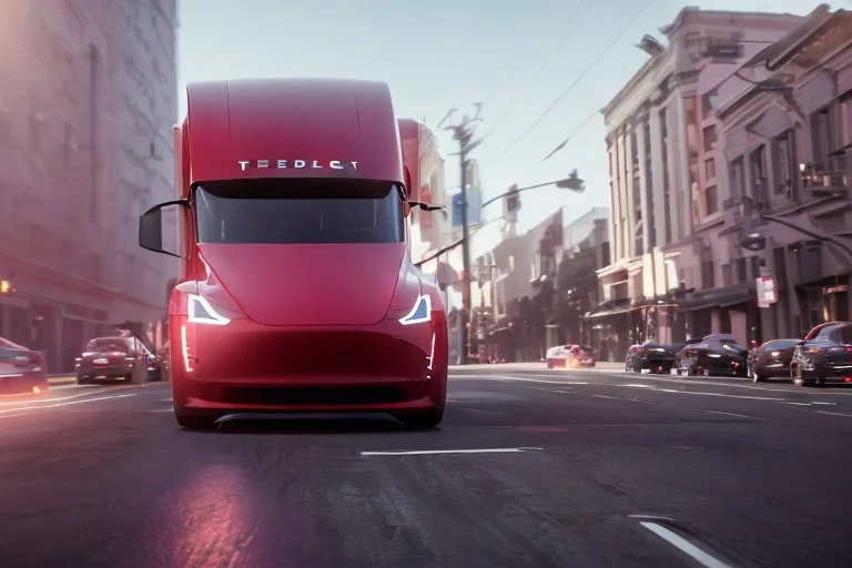 A Tesla 'Semi' (semi truck) is going at a high speed, on the streets of San Francisco. (CINEMATIC, WIDE ANGLE LENS, PHOTO REAL)