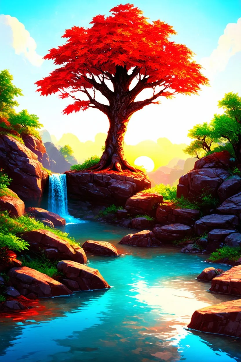 A beautiful stylized landscape, alcohol ink, large blots, a huge tree with red leaves stands in a rocky area, behind the tree there is a sunset, which has orange and red hues, waterfalls trickling between the rocks, reflection in the water, green vegetation, tranquility and harmony , 3D, 4K, HDRi.