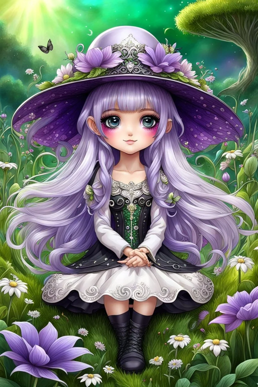 cute happy fairy girl with little wings and rounded ((purple eyes)), big long silver hair, sitting her nice hat a tiny black (kitty with green eyes) , chibi, 3d anime character, detailed, fantasy style, nice picture in the big meadow with pale colors flowers