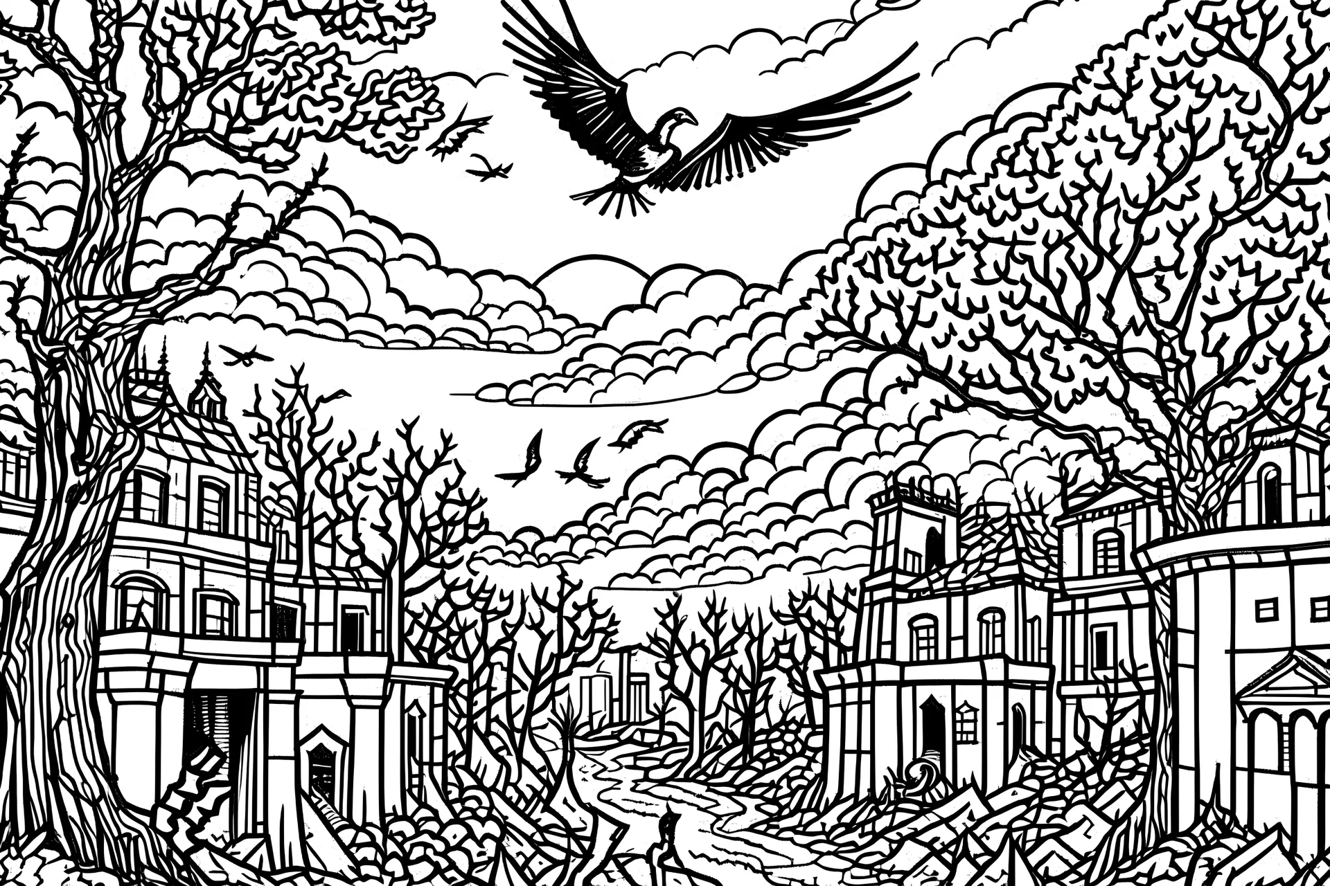 black and white line drawing captures a mysterious landscape. In the distance, a forest burns with towering flames that reach into the skies, while fiery burning birds soar across the apocalyptic horizon. Earthly creatures are in a frenzy, fleeing towards an unknown horizon as they seek refuge from the unfolding chaos. Amongst the desolation, ruins of buildings stand as silent witnesses to the calamity. To the right, bewildered crowds of people gather, their faces reflecting fear and uncertainty