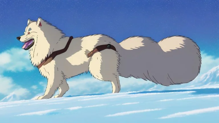 Alaskian Malamute running through the snow, furry style, shamanism, fish